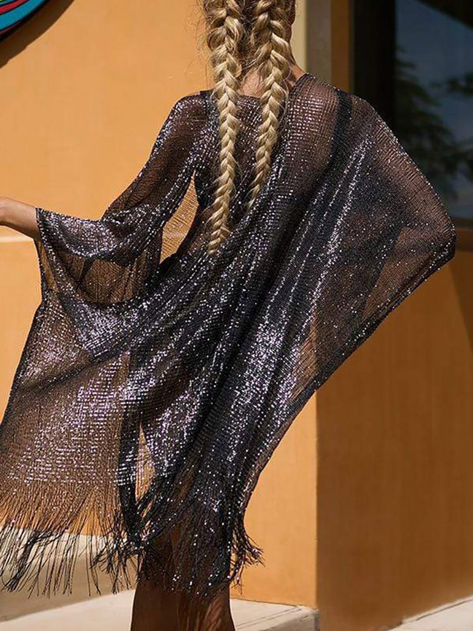 Boho Bikini Cover Up Beach Pareo Women Sexy See-through Mesh Fringe Kimono Sarong