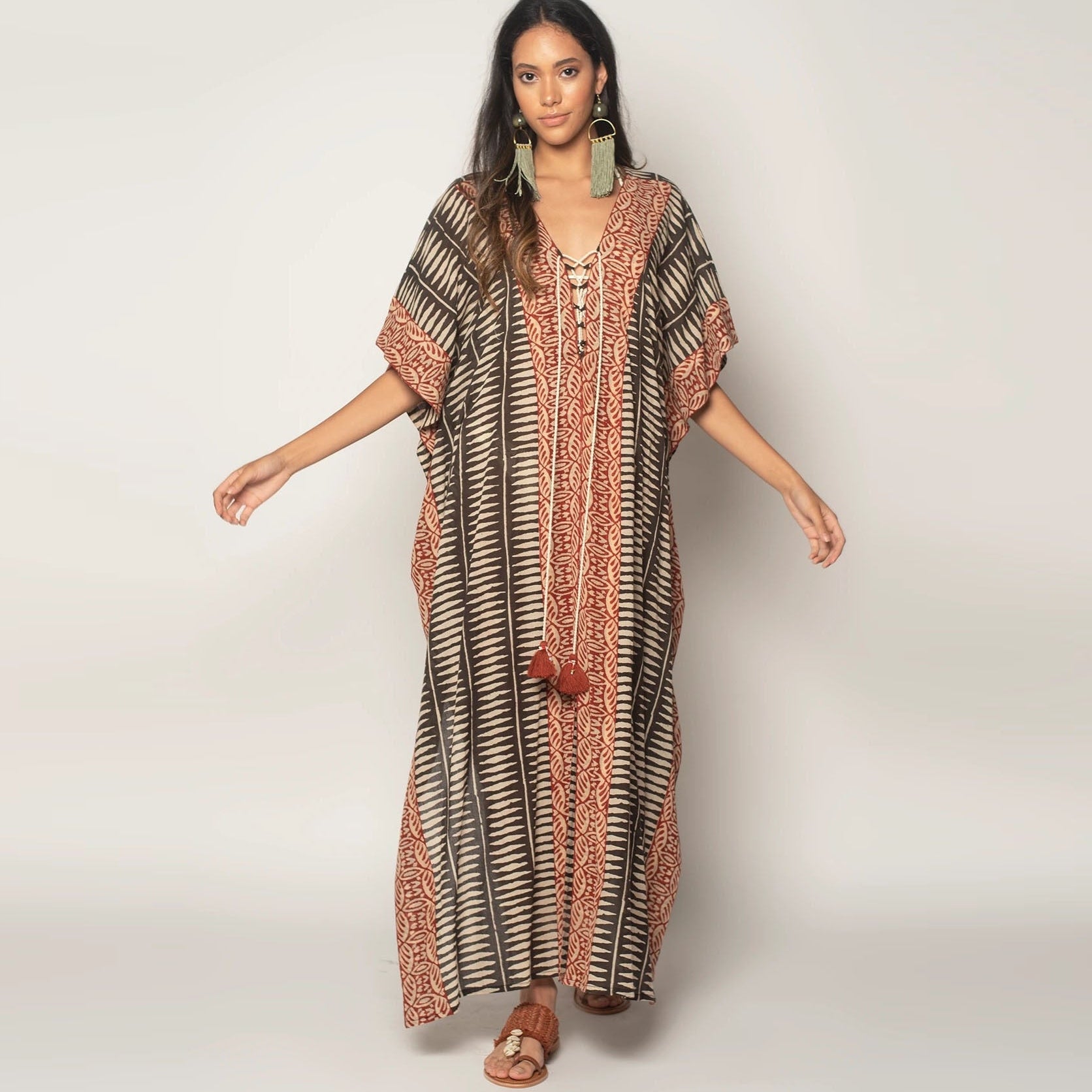 Boho Dress V Neck Beach Cover Up Pareo Maxi Dress - Robe Plage Kaftan Dress Beachwear KH One Size