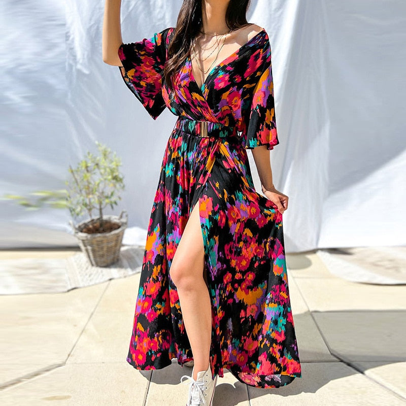 Boho Floral Print Long Dress Women Sexy Deep V-Neck Long Sleeve High Split Swing Dress with Belt Elegant Beach Dresses Vestidos black