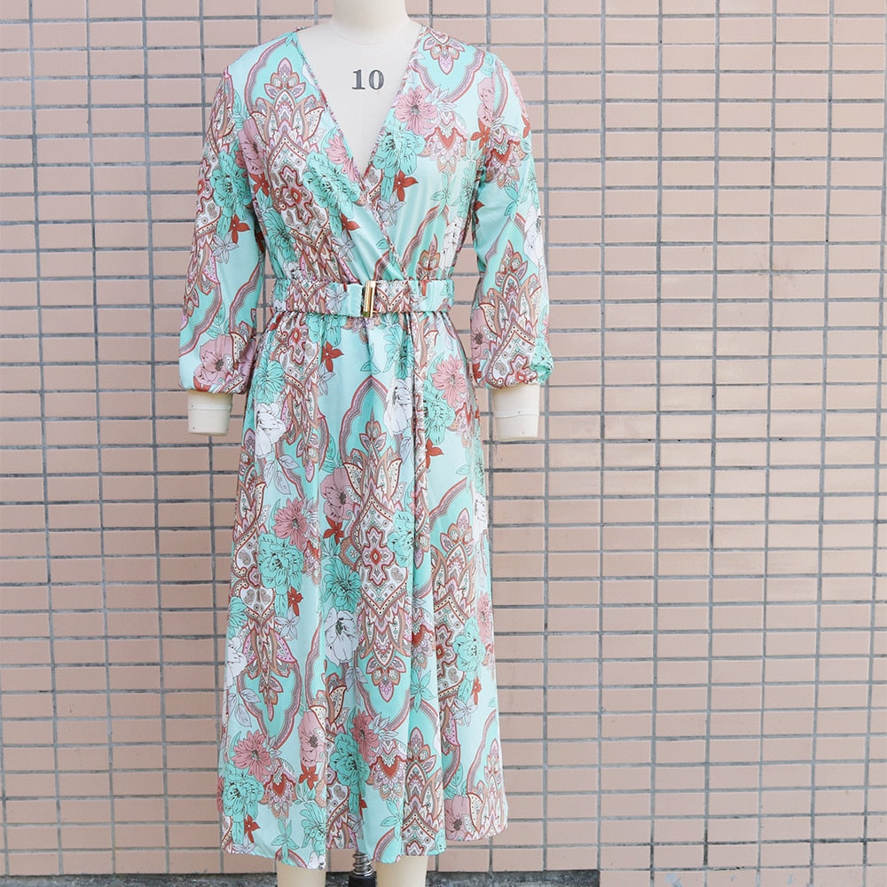 Boho Floral Print Long Dress Women Sexy Deep V-Neck Long Sleeve High Split Swing Dress with Belt Elegant Beach Dresses Vestidos