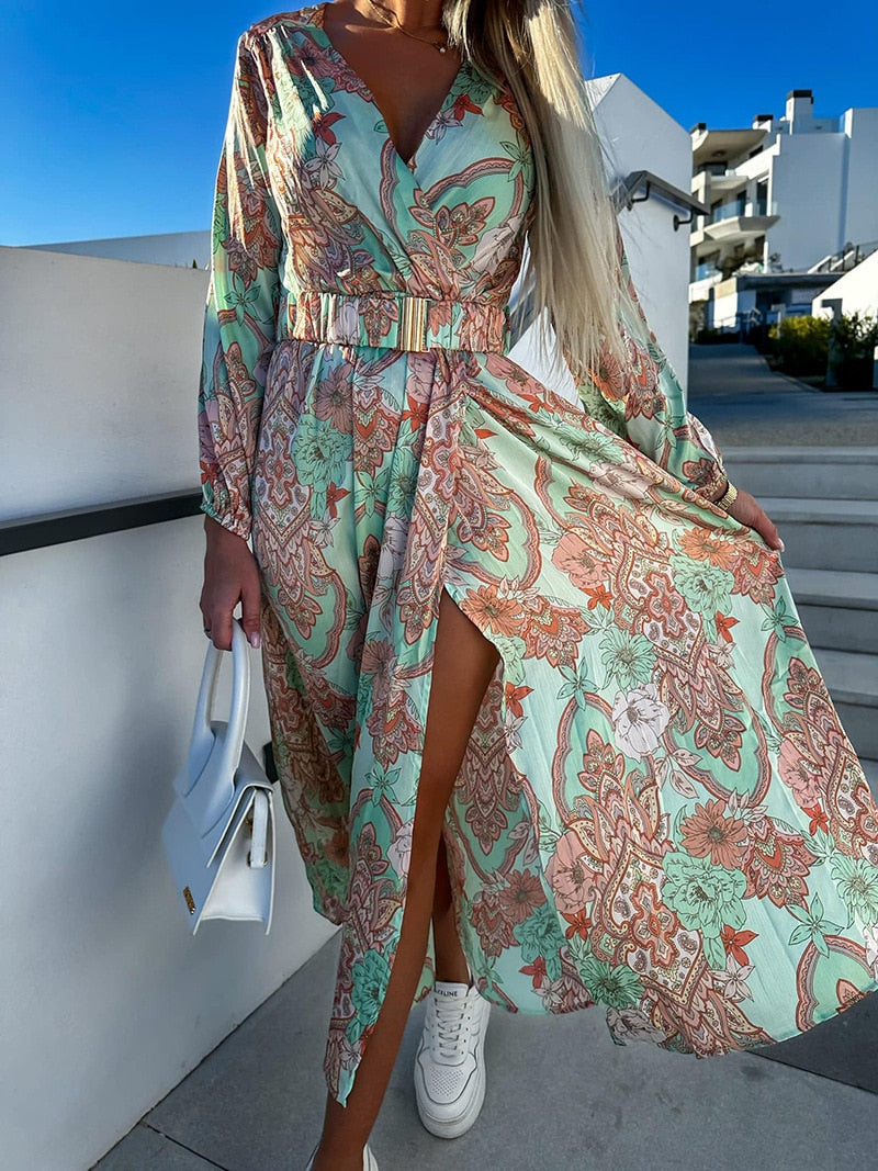 Boho Floral Print Long Dress Women Sexy Deep V-Neck Long Sleeve High Split Swing Dress with Belt Elegant Beach Dresses Vestidos AMAIO