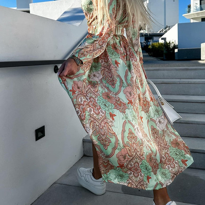 Boho Floral Print Long Dress Women Sexy Deep V-Neck Long Sleeve High Split Swing Dress with Belt Elegant Beach Dresses Vestidos