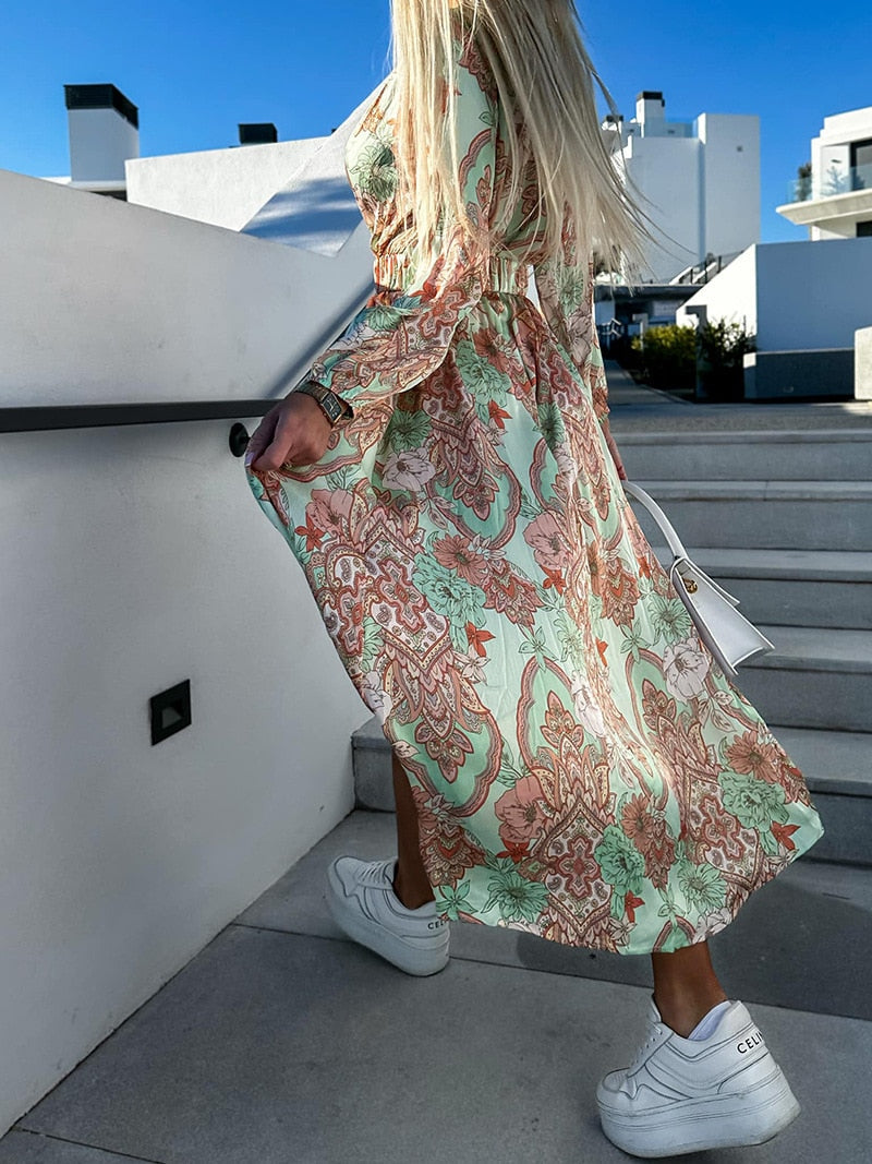Boho Floral Print Long Dress Women Sexy Deep V-Neck Long Sleeve High Split Swing Dress with Belt Elegant Beach Dresses Vestidos