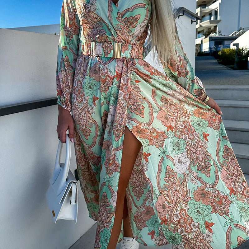 Boho Floral Print Long Dress Women Sexy Deep V-Neck Long Sleeve High Split Swing Dress with Belt Elegant Beach Dresses Vestidos Light green