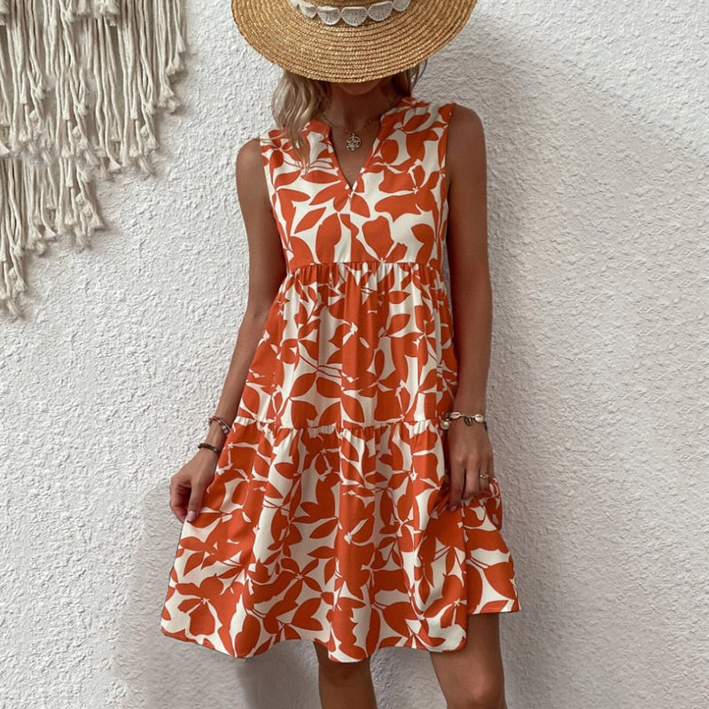 Boho Floral Printed Mini Dress Summer Casual Loose V-Neck Sleeveless Orange