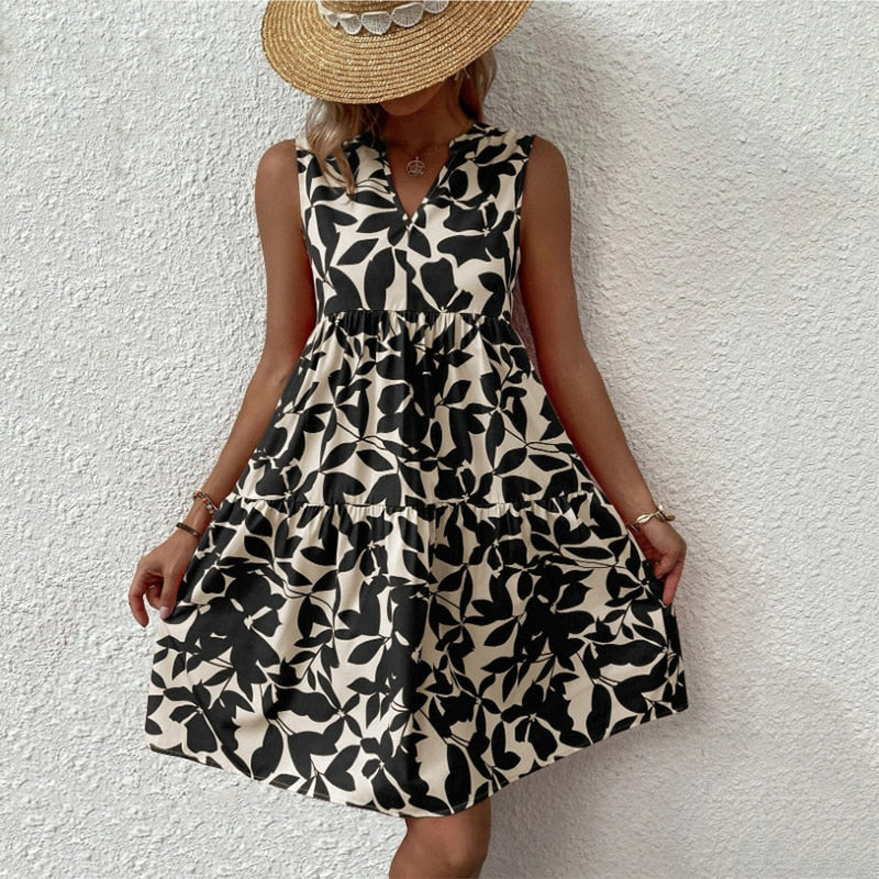 Boho Floral Printed Mini Dress Summer Casual Loose V-Neck Sleeveless