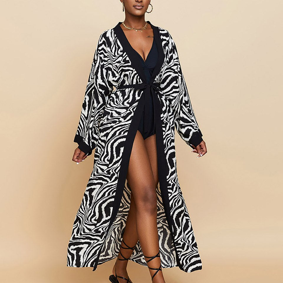 Boho Kimono Tunic for Beach Swimsuit Cover-ups Cape Sexy Long Sleeve Have Belt Separately Pareo Dress Beachwear Bikini Cover Up Black white Zebra One Size