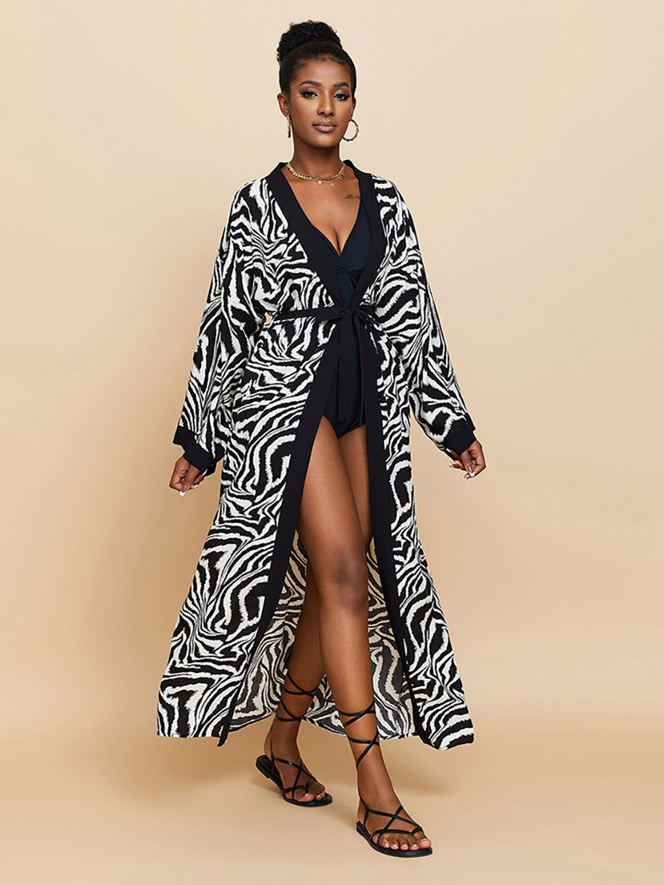 Boho Kimono Tunic for Beach Swimsuit Cover-ups Cape Sexy Long Sleeve Have Belt Separately Pareo Dress Beachwear Bikini Cover Up Black white Zebra One Size