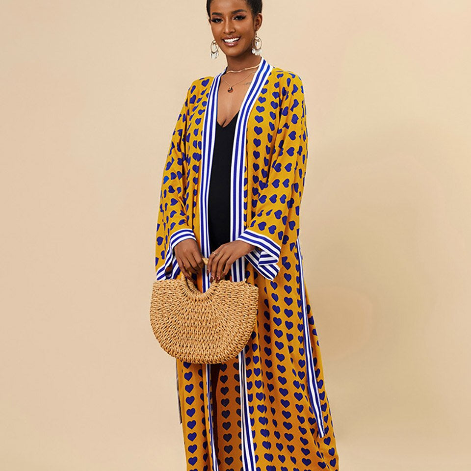 Boho Kimono Tunic for Beach Swimsuit Cover-ups Cape Sexy Long Sleeve Have Belt Separately Pareo Dress Beachwear Bikini Cover Up Yellow heart One Size