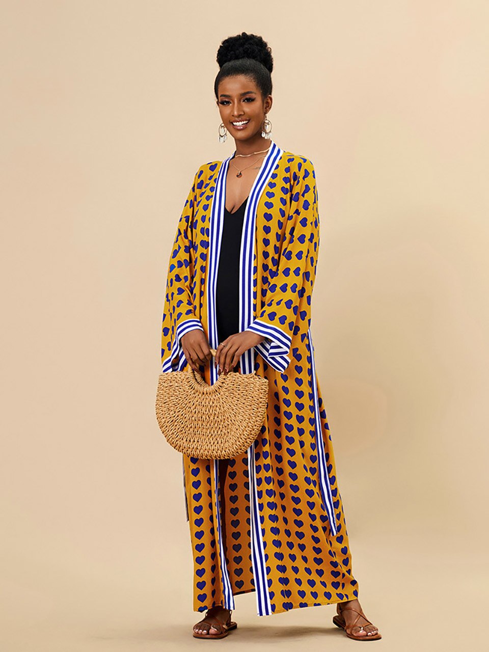 Boho Kimono Tunic for Beach Swimsuit Cover-ups Cape Sexy Long Sleeve Have Belt Separately Pareo Dress Beachwear Bikini Cover Up Yellow heart One Size