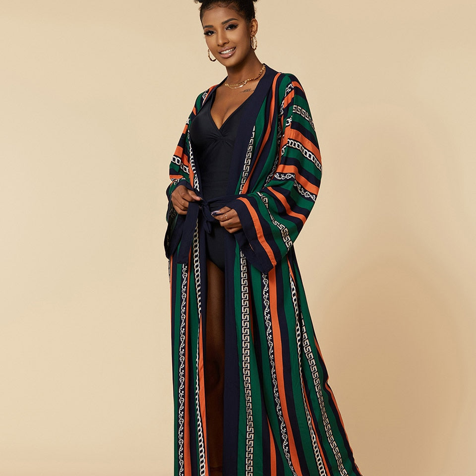Boho Kimono Tunic for Beach Swimsuit Cover-ups Cape Sexy Long Sleeve Have Belt Separately Pareo Dress Beachwear Bikini Cover Up