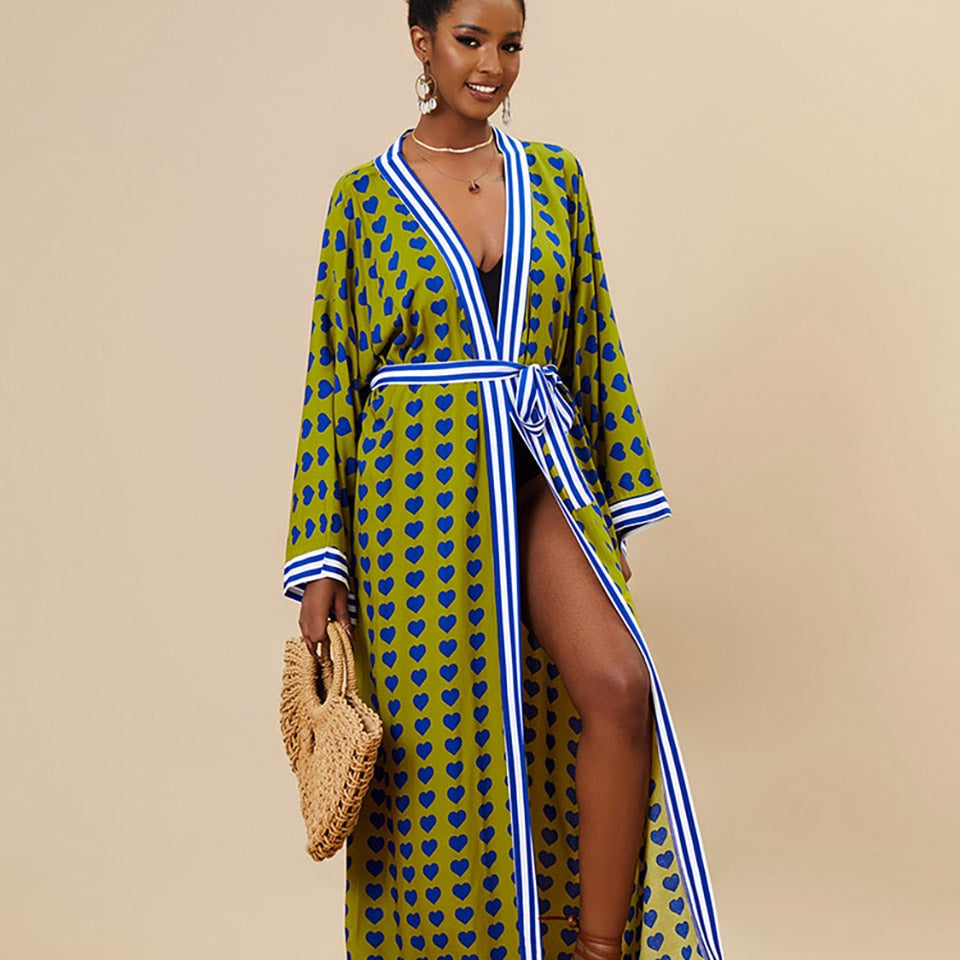 Boho Kimono Tunic for Beach Swimsuit Cover-ups Cape Sexy Long Sleeve Have Belt Separately Pareo Dress Beachwear Bikini Cover Up Green Heart One Size