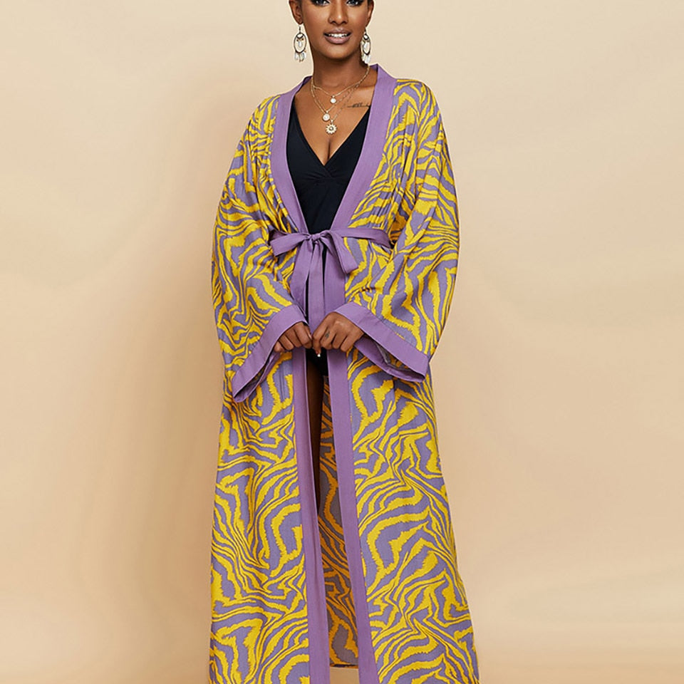 Boho Kimono Tunic for Beach Swimsuit Cover-ups Cape Sexy Long Sleeve Have Belt Separately Pareo Dress Beachwear Bikini Cover Up Yellow Zebra One Size