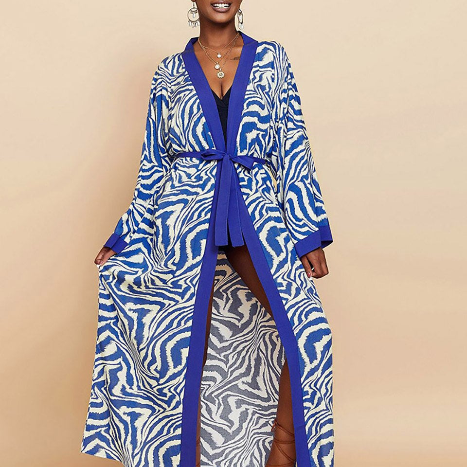 Boho Kimono Tunic for Beach Swimsuit Cover-ups Cape Sexy Long Sleeve Have Belt Separately Pareo Dress Beachwear Bikini Cover Up Blue Zebra One Size