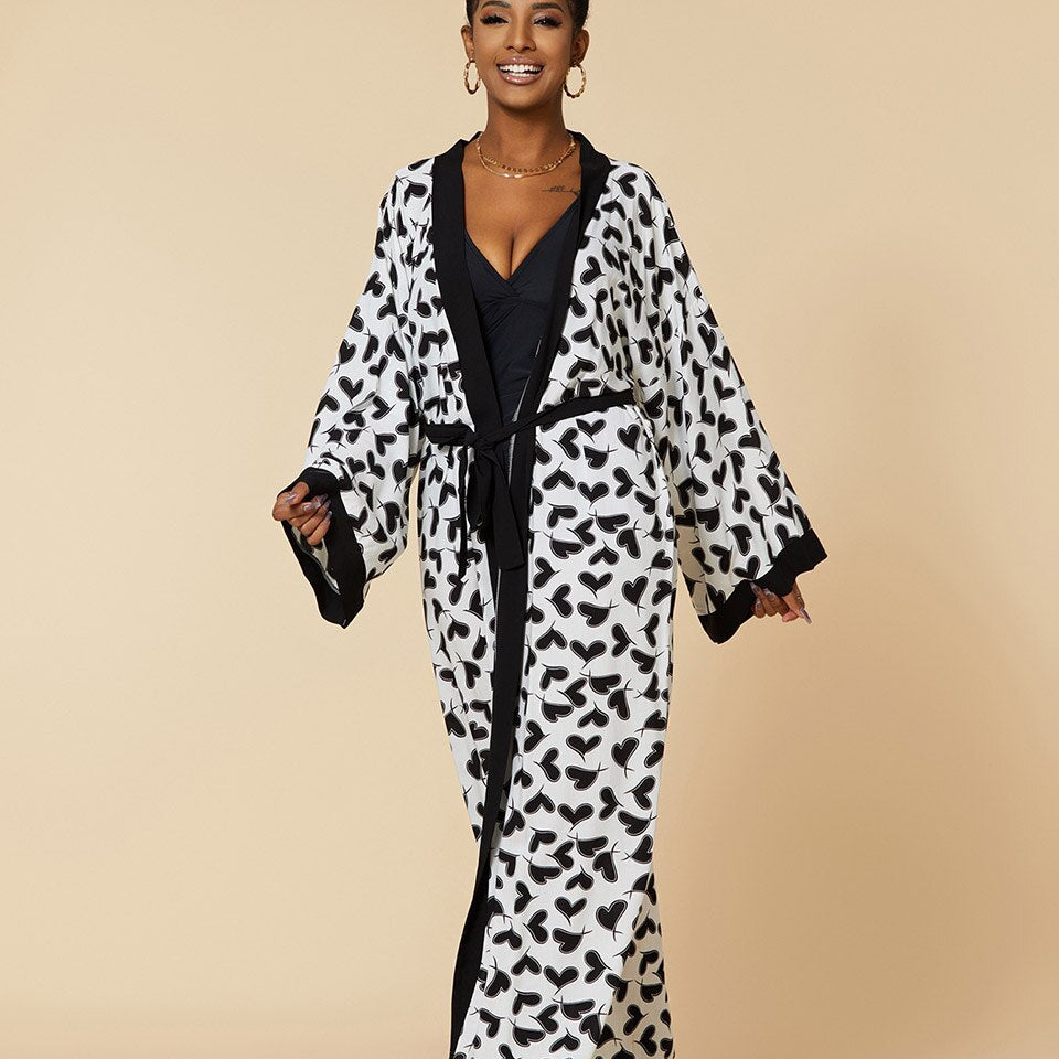Boho Kimono Tunic for Beach Swimsuit Cover-ups Cape Sexy Long Sleeve Have Belt Separately Pareo Dress Beachwear Bikini Cover Up White Heart One Size