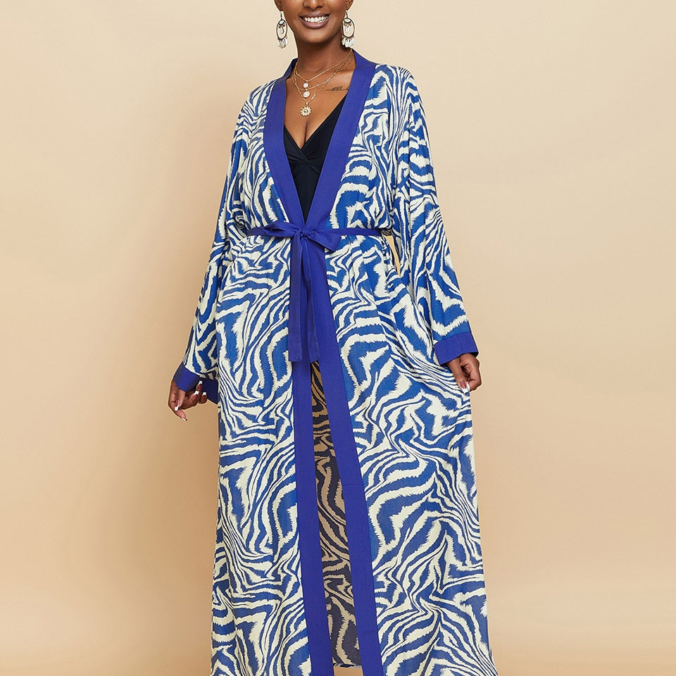 Boho Kimono Tunic for Beach Swimsuit Cover-ups Cape Sexy Long Sleeve Have Belt Separately Pareo Dress Beachwear Bikini Cover Up