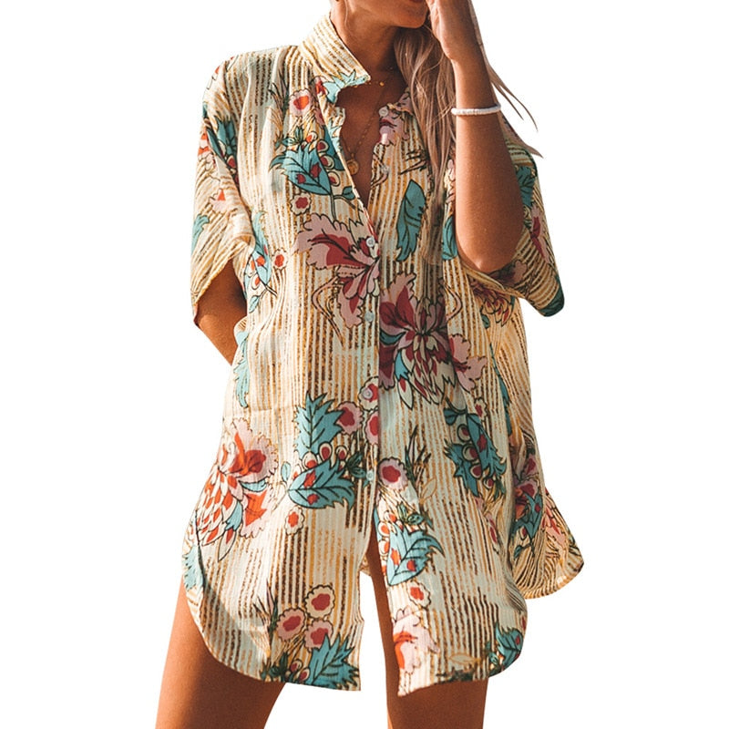 Boho Loose Bikini Cover Ups Tunic Kaftan Beach Dress Robe De Plage Cotton Pareo Wrap Shirt Beach Cover Up