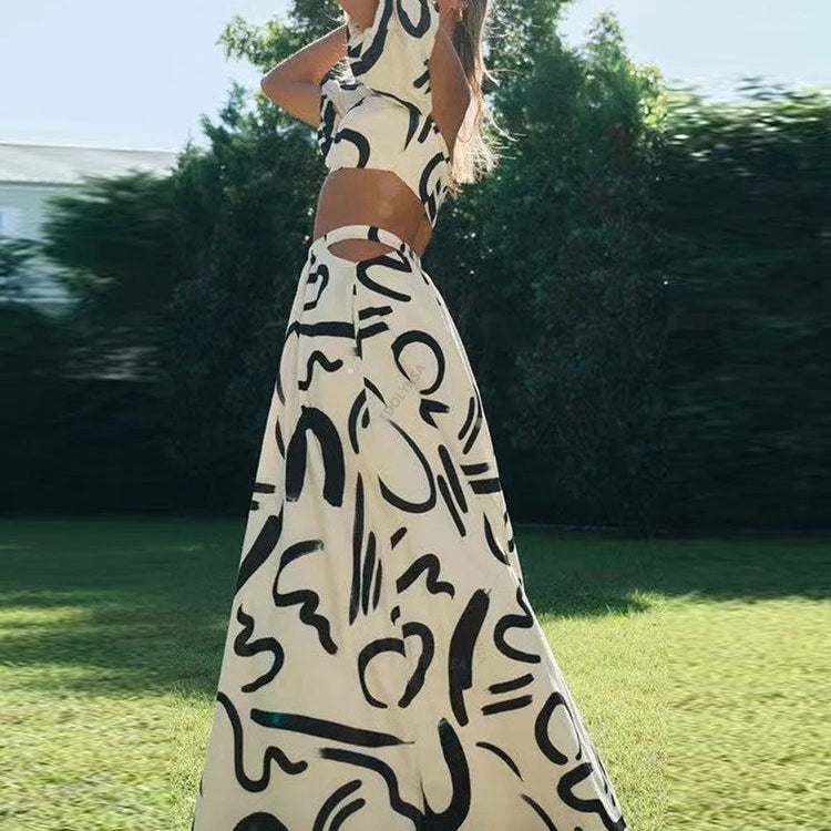Boho New Graffiti Print Two Piece Sets - Women Summer Square Neck Tube Tops A-line Hollow Out Skirt Suit Party Dresses