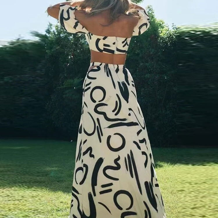 Boho New Graffiti Print Two Piece Sets - Women Summer Square Neck Tube Tops A-line Hollow Out Skirt Suit Party Dresses