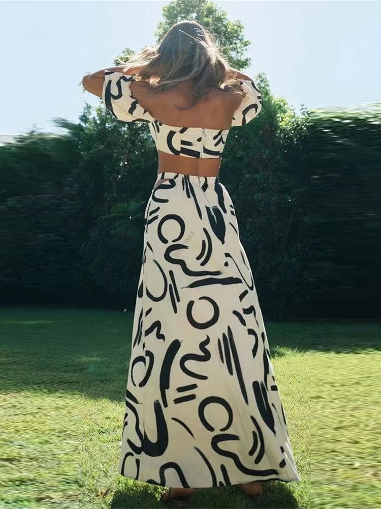 Boho New Graffiti Print Two Piece Sets - Women Summer Square Neck Tube Tops A-line Hollow Out Skirt Suit Party Dresses