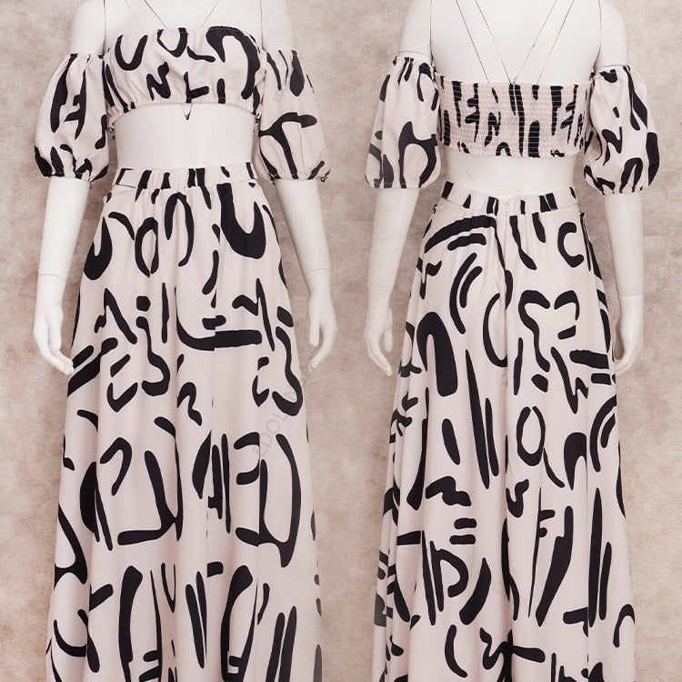 Boho New Graffiti Print Two Piece Sets - Women Summer Square Neck Tube Tops A-line Hollow Out Skirt Suit Party Dresses