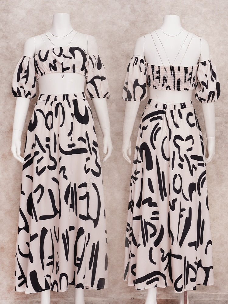 Boho New Graffiti Print Two Piece Sets - Women Summer Square Neck Tube Tops A-line Hollow Out Skirt Suit Party Dresses