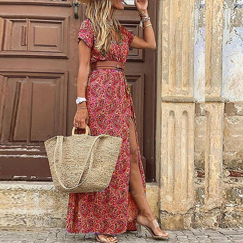 Boho Paisley Print Dress Women Elegant V Neck Short Sleeve Belt Large Hem Long Dress 2024 Summer Vintage Beach Party Maxi Dress