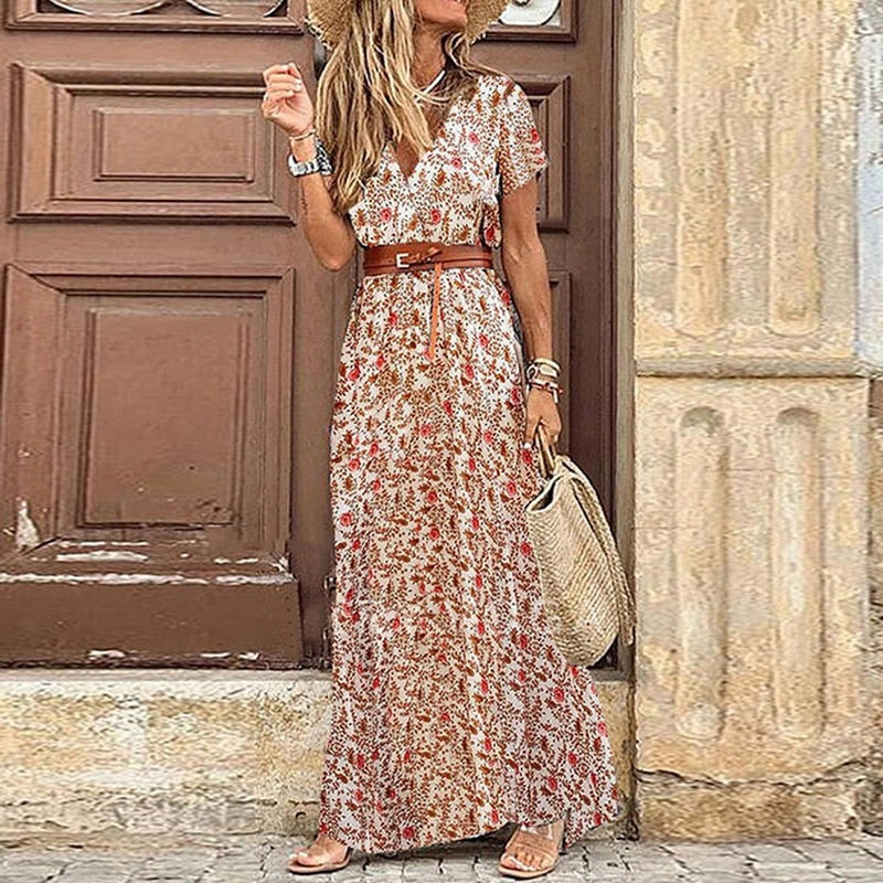 Boho Paisley Print Dress Women Elegant V Neck Short Sleeve Belt Large Hem Long Dress 2024 Summer Vintage Beach Party Maxi Dress Red