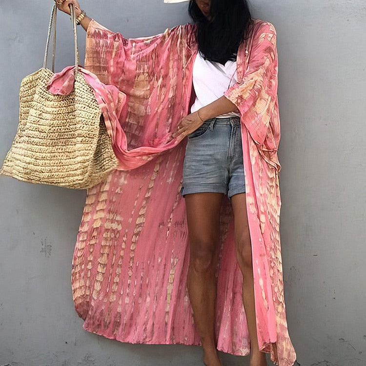 Boho Pink Hooded Cardigan Self-tie Tunics Bikini Cover Up Sexy Long Dress Pareo Sarong
