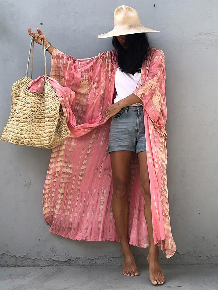 Boho Pink Hooded Cardigan Self-tie Tunics Bikini Cover Up Sexy Long Dress Pareo Sarong