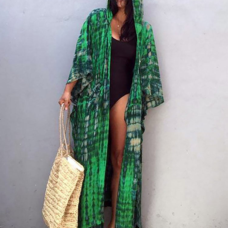 Boho Pink Hooded Cardigan Self-tie Tunics Bikini Cover Up Sexy Long Dress Pareo Sarong Green One Size