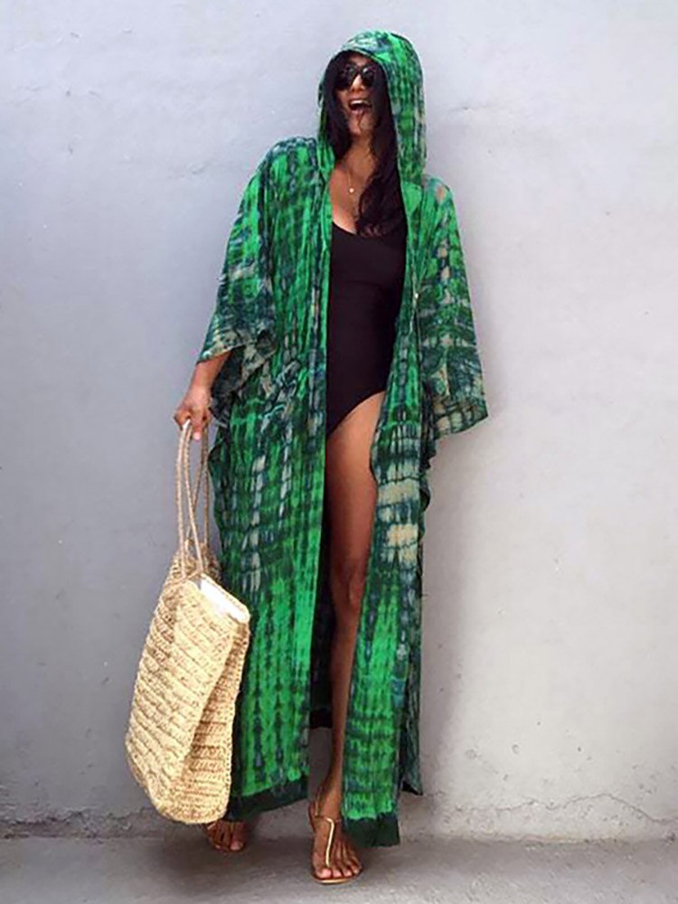 Boho Pink Hooded Cardigan Self-tie Tunics Bikini Cover Up Sexy Long Dress Pareo Sarong Green One Size