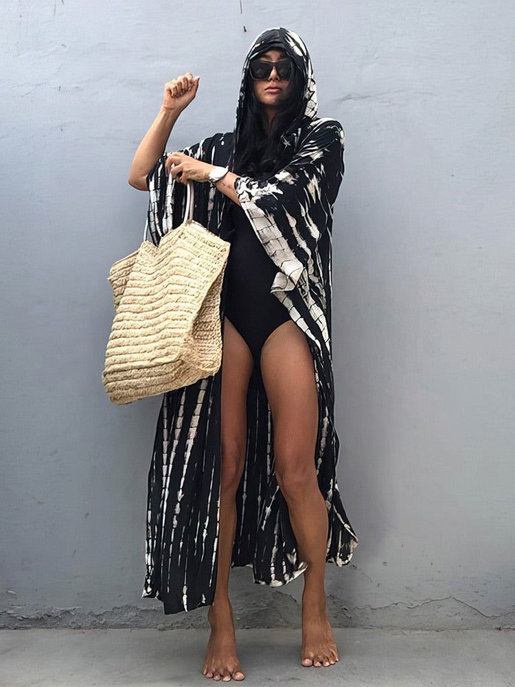 Boho Pink Hooded Cardigan Self-tie Tunics Bikini Cover Up Sexy Long Dress Pareo Sarong