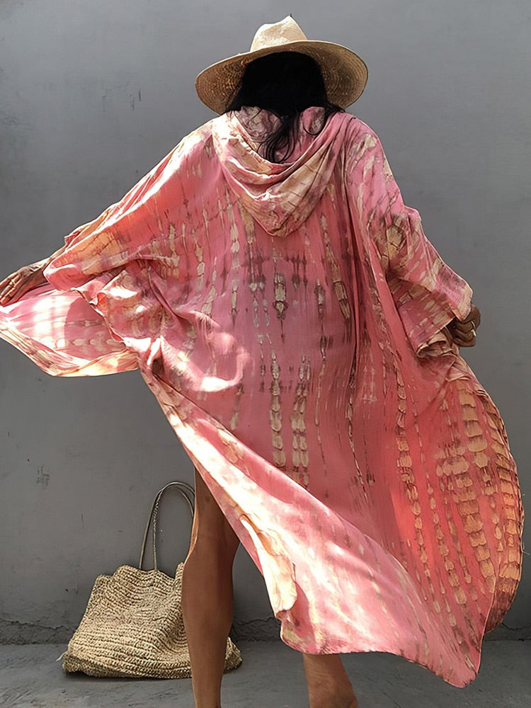 Boho Pink Hooded Cardigan Self-tie Tunics Bikini Cover Up Sexy Long Dress Pareo Sarong
