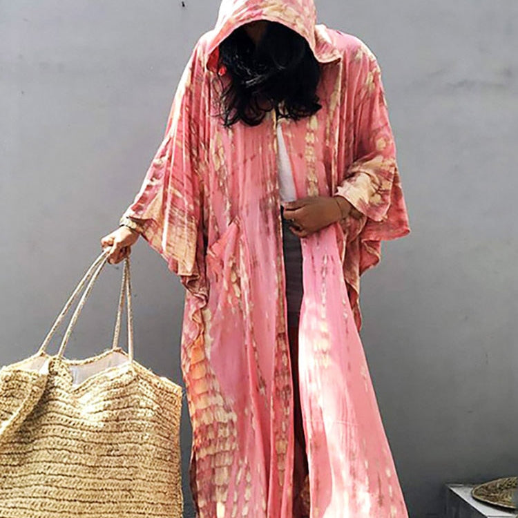 Boho Pink Hooded Cardigan Self-tie Tunics Bikini Cover Up Sexy Long Dress Pareo Sarong Pink One Size