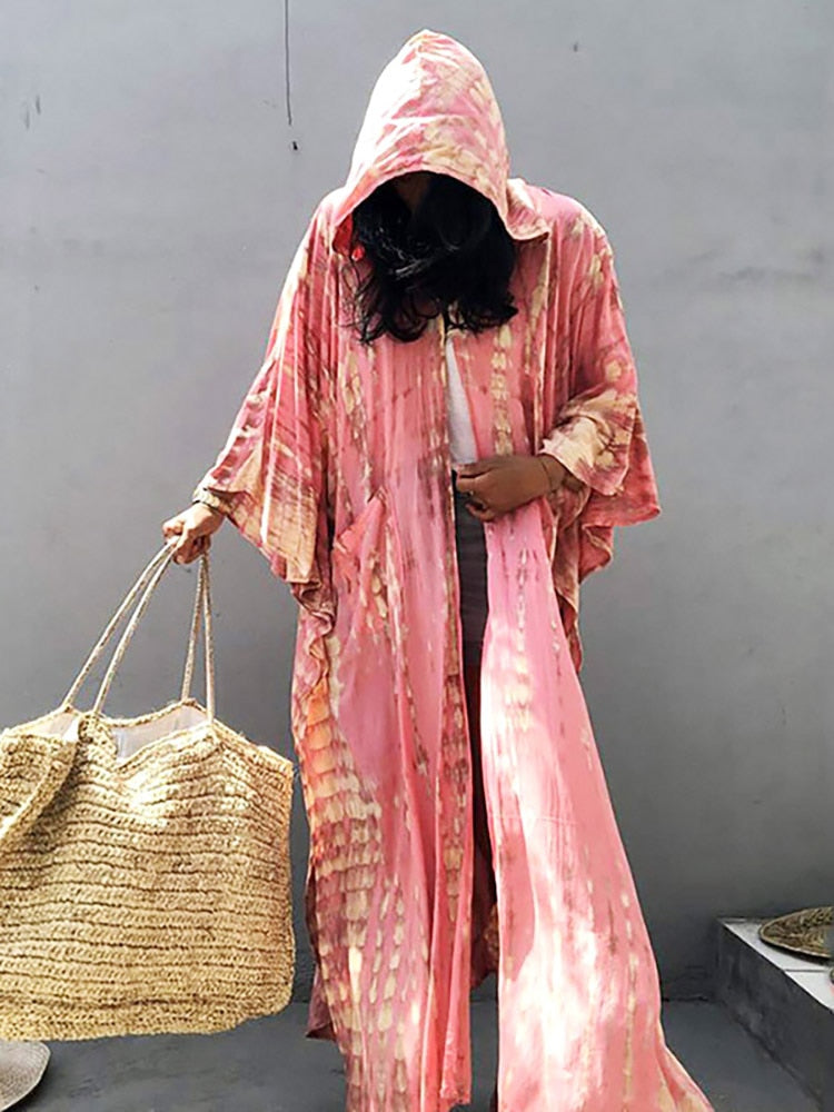 Boho Pink Hooded Cardigan Self-tie Tunics Bikini Cover Up Sexy Long Dress Pareo Sarong Pink One Size