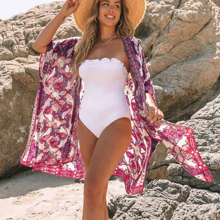 Boho Printed Bikini Cover-ups Kimono Pareo Dress Red One Size