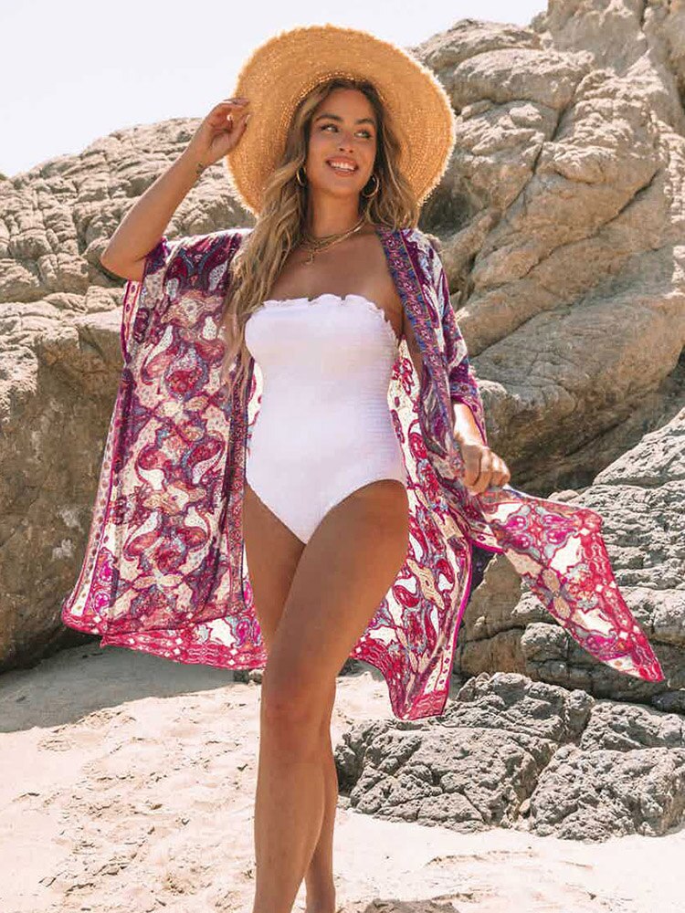 Boho Printed Bikini Cover-ups Kimono Pareo Dress Red One Size