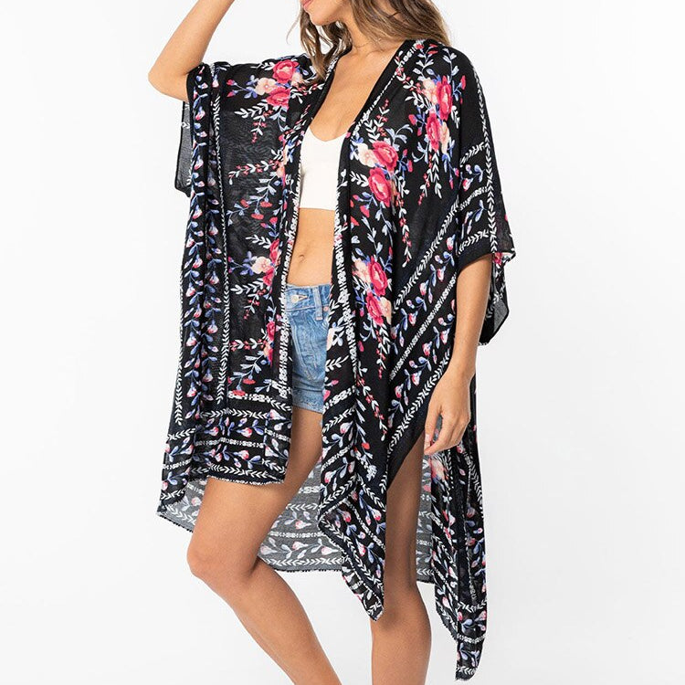 Boho Printed Bikini Cover-ups Kimono Pareo Dress Black One Size