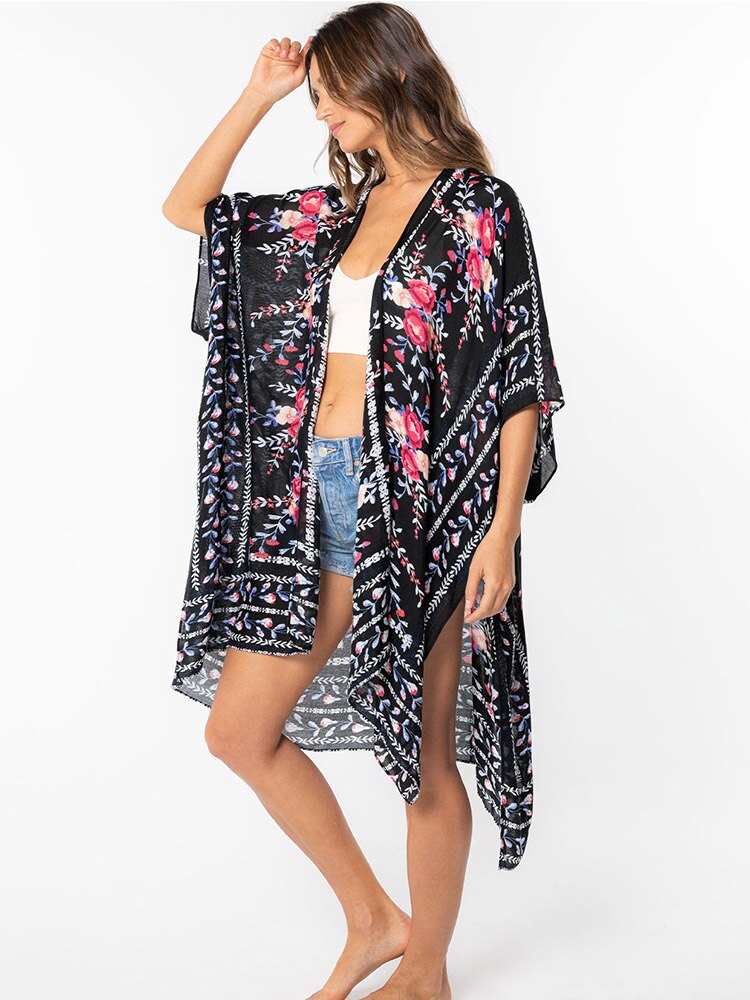 Boho Printed Bikini Cover-ups Kimono Pareo Dress Black One Size