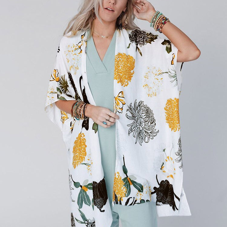 Boho Printed Bikini Cover-ups Kimono Pareo Dress White One Size