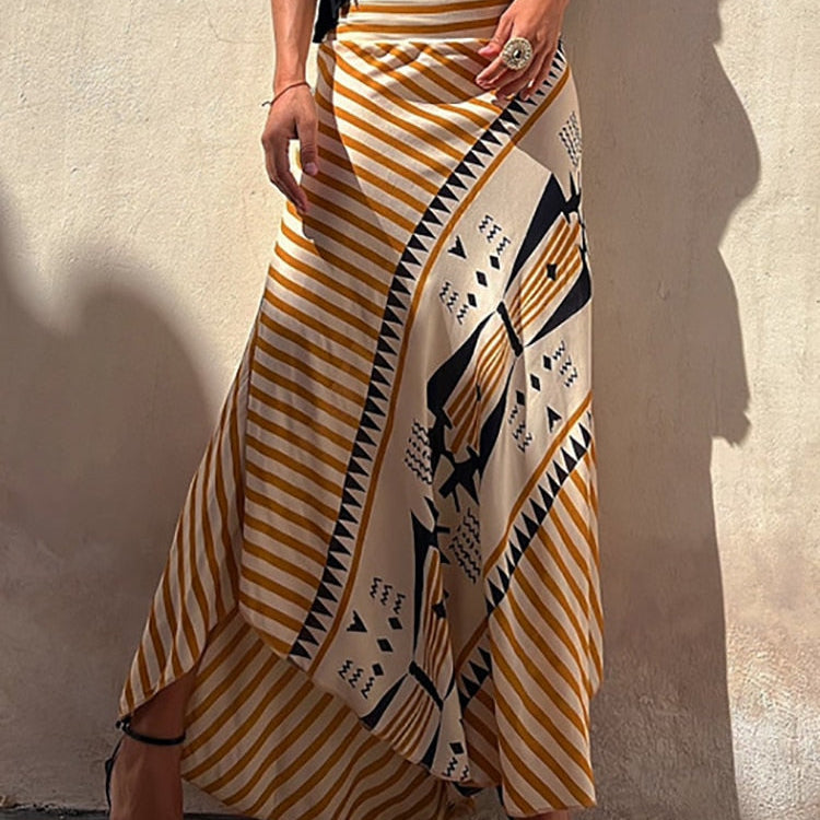 Boho Retro Patchwork Print Skirt Women 2024 Summer High Waist A-Line Elastic Long Skirts Casual Holiday Beach Skirt Dropshipping