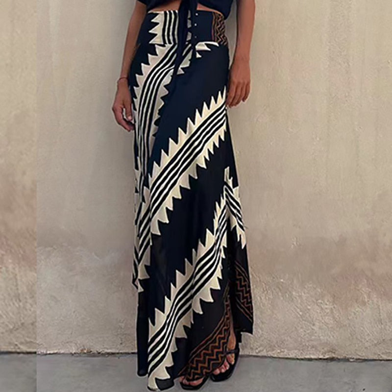 Boho Retro Patchwork Print Skirt Women 2024 Summer High Waist A-Line Elastic Long Skirts Casual Holiday Beach Skirt Dropshipping 05 Black Print