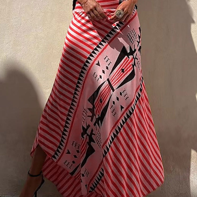 Boho Retro Patchwork Print Skirt Women 2024 Summer High Waist A-Line Elastic Long Skirts Casual Holiday Beach Skirt Dropshipping