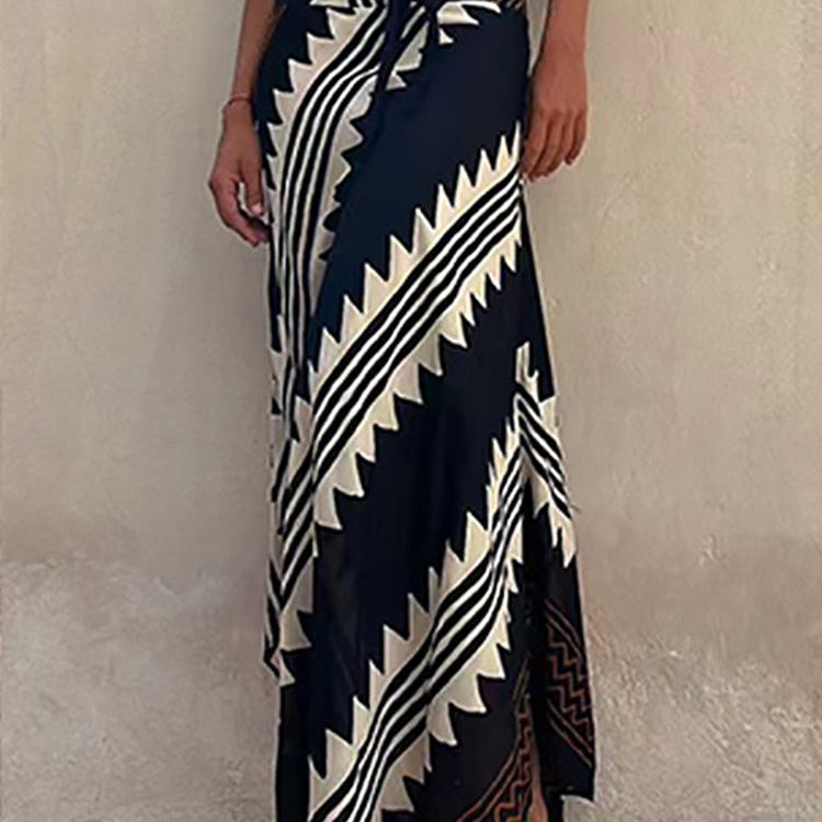 Boho Retro Patchwork Print Skirt Women 2024 Summer High Waist A-Line Elastic Long Skirts Casual Holiday Beach Skirt Dropshipping