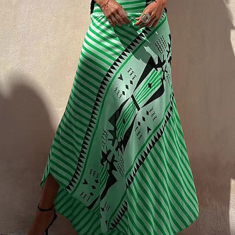 Boho Retro Patchwork Print Skirt Women 2024 Summer High Waist A-Line Elastic Long Skirts Casual Holiday Beach Skirt Dropshipping