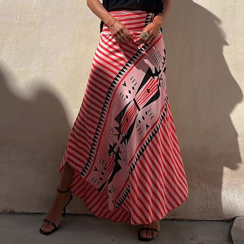 Boho Retro Patchwork Print Skirt Women 2024 Summer High Waist A-Line Elastic Long Skirts Casual Holiday Beach Skirt Dropshipping 03 Red Print