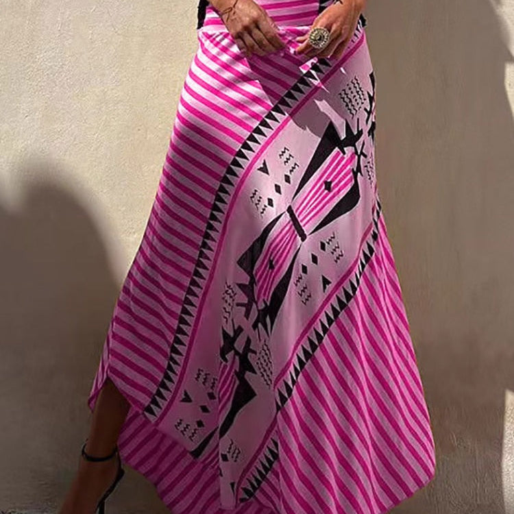 Boho Retro Patchwork Print Skirt Women 2024 Summer High Waist A-Line Elastic Long Skirts Casual Holiday Beach Skirt Dropshipping