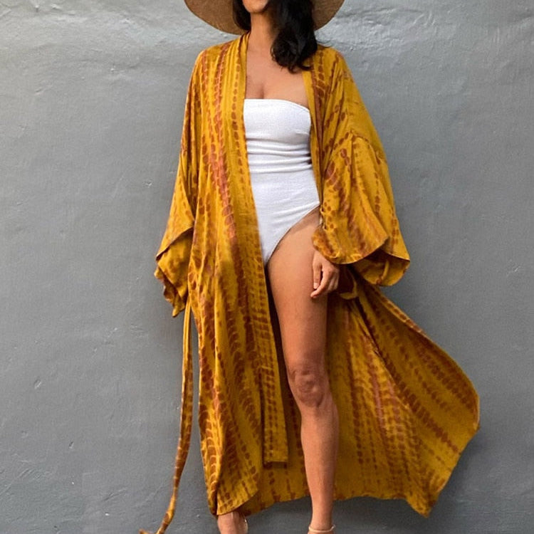 Boho Stripe Tie Dye Swimsuit Cover Up with Belt Tunic Sarong Cardigan Dress