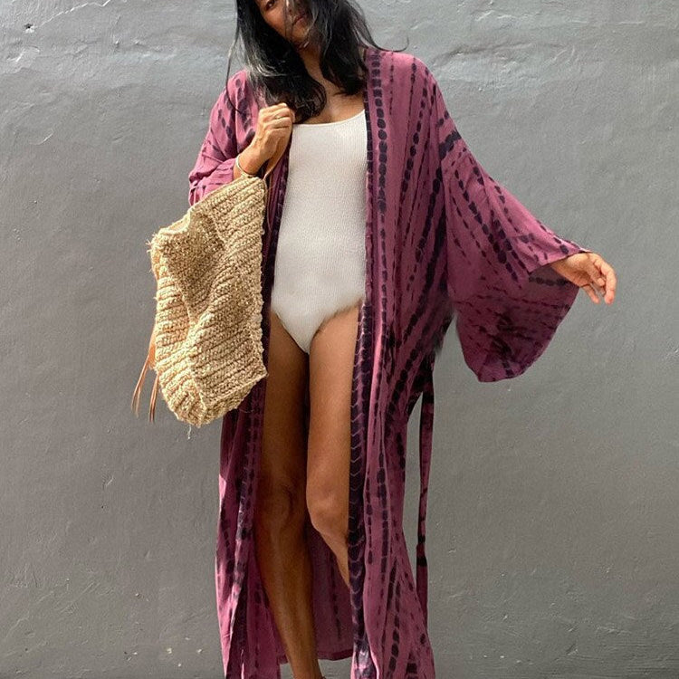 Boho Stripe Tie Dye Swimsuit Cover Up with Belt Tunic Sarong Cardigan Dress Dark red One Size
